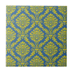 Frans Empire Damask in Azure Blue en Yellow Tegeltje
