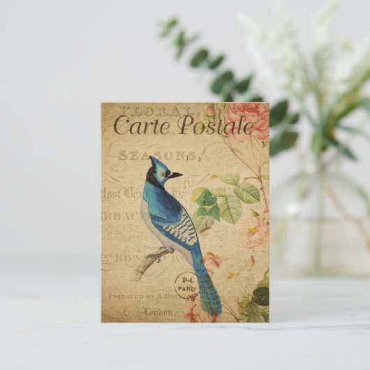  Frans Ephemera Blue Jay Bird Roses P Briefkaart (Staand voorkant)