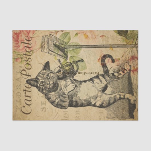 Frans Ephemera Cat Past Fiddle Rozen Decoupage Tissuepapier (Voorkant)