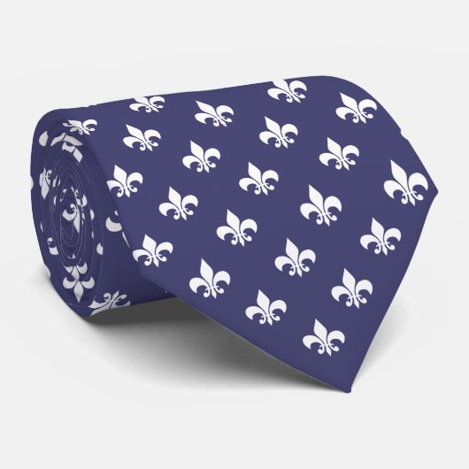 Frans Fleur de Lis Pattern White over Navy Blue Stropdas (Opgerold)