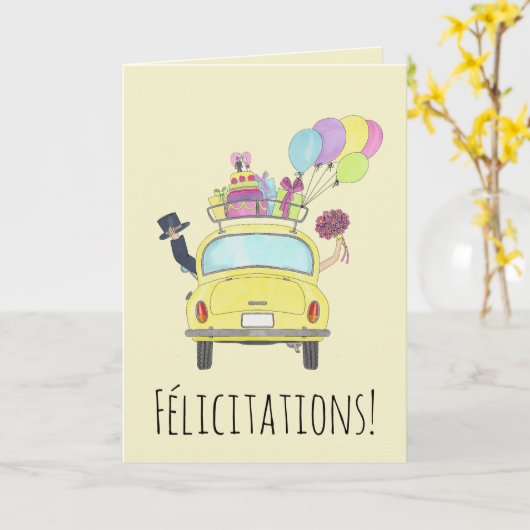 Frans Gefeliciteerd met Trouwdag Gele Auto Kaart (Gele Bloem)