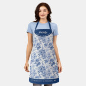 Frans gegraveerd Bloemen Toile Blauw Wit Schort (Gedragen)