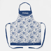  Frans gegraveerd Bloemen Toile Blauw Wit Schort (Voorkant)