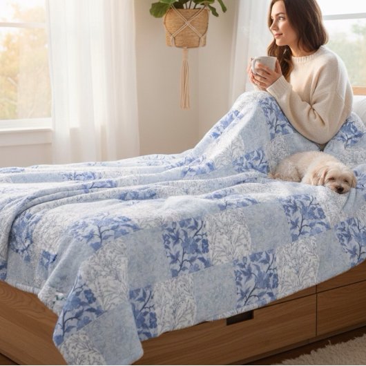 Frans huisje gewatteerd patroon blauwe bloemen fleece deken