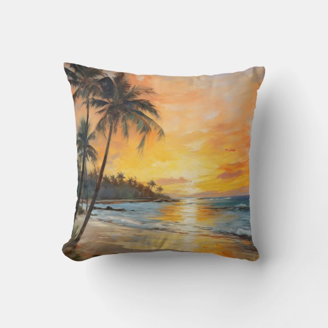 Frans impressionisme: Sunset Beach en Palm Trees Kussen (Voorkant)