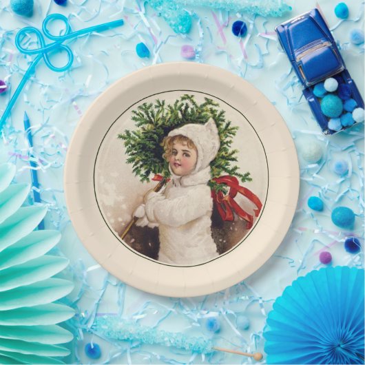 Frans Kerstboom Meisje Vakantie Papieren Bordje (Feest)