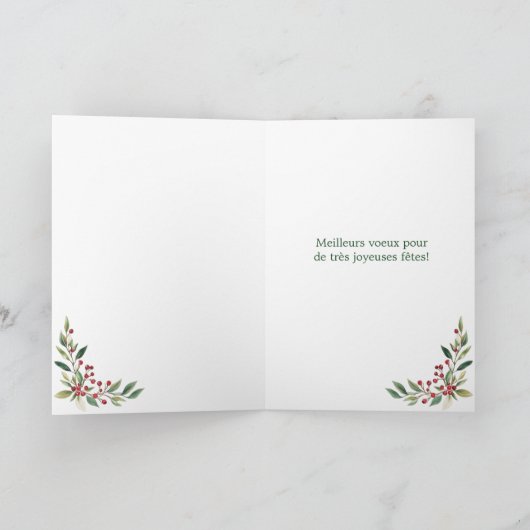 Frans kerstgroen laat rode bessen achter feestdagen kaart (Binnen)