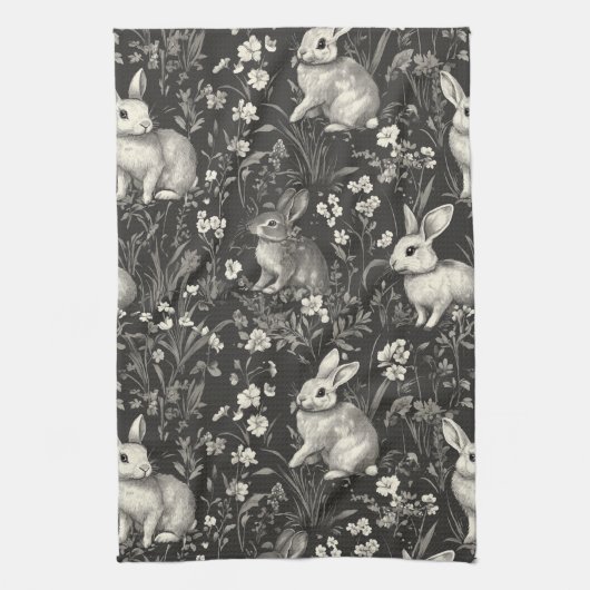 Frans konijnentoile in zwart bloempatroon theedoek (Verticaal)