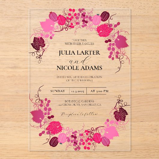 Frans kussed zoete bessen druiven bloemen bruiloft acryl uitnodigingen (Voorkant)