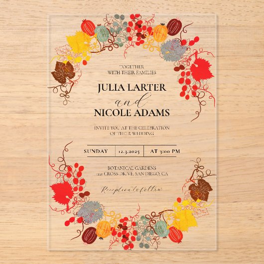 Frans kussed zoete bessen druiven bloemen bruiloft acryl uitnodigingen (Voorkant)