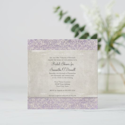  Frans Lace Elegant Lavender Cream Wedding Kaart (Staand voorkant)