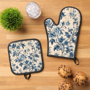 Frans land blauw toilet ovenwant & pannenlap set