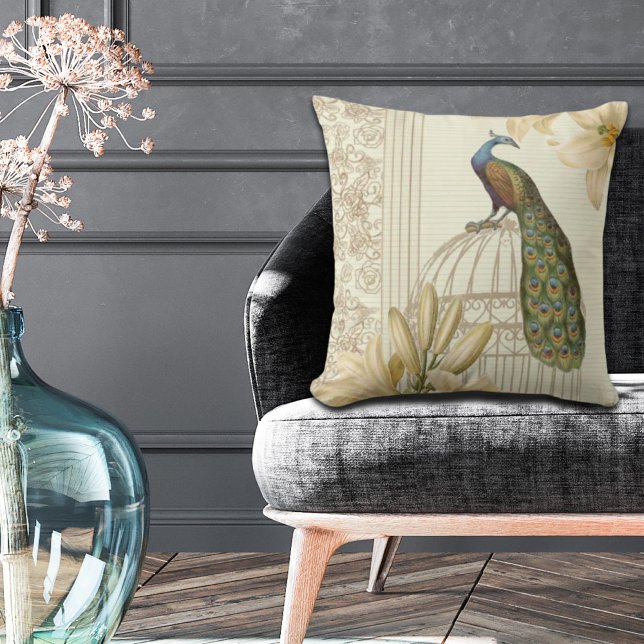 frans land botanische lelie  Peacock Kussen (french country botanical lily vintage Peacock Throw Pillow)