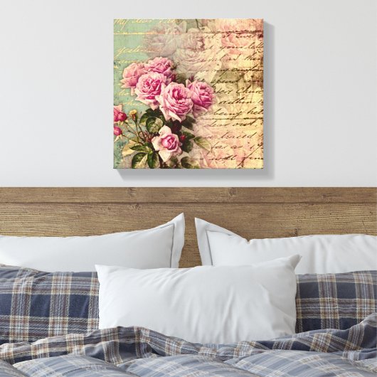 Frans land chic, shabby chic, roze rozen, flora canvas afdruk (Insitu (Slaapkamer))