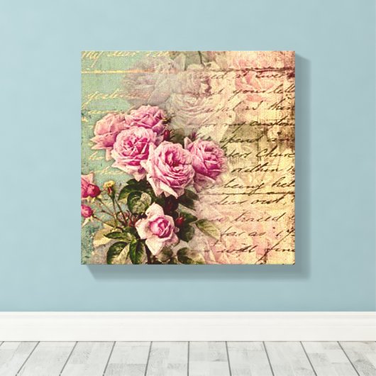 Frans land chic, shabby chic, roze rozen, flora canvas afdruk (Insitu (Houten vloer))