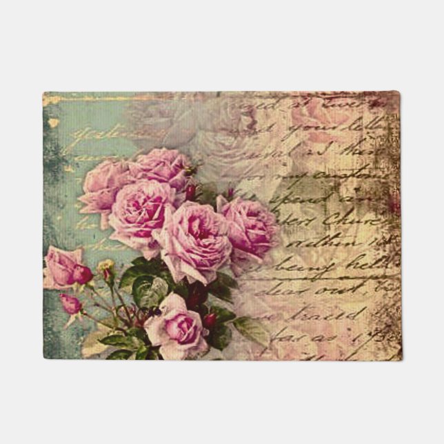 Frans land chic, shabby chic, roze rozen, flora deurmat (Voorkant)