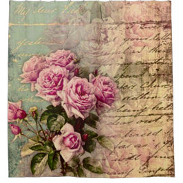 Frans land chic, shabby chic, roze rozen, flora douchegordijn