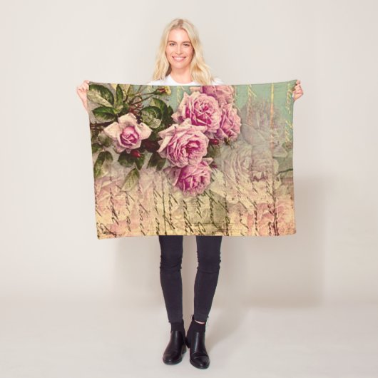 Frans land chic, shabby chic, roze rozen, flora fleece deken (In situ)
