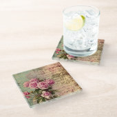 Frans land chic, shabby chic, roze rozen, flora glazen onderzetter (Schuin)