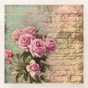Frans land chic, shabby chic, roze rozen, flora glazen onderzetter