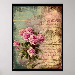 Frans land chic, shabby chic, roze rozen, flora poster