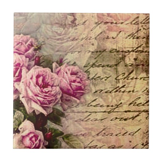 Frans land chic, shabby chic, roze rozen, flora tegeltje (Voorkant)