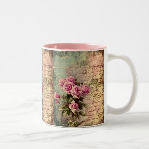 Frans land chic, shabby chic, roze rozen, flora tweekleurige koffiemok
