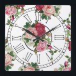 Frans land Floral Vierkante Klok<br><div class="desc">De roze,  rode en witte rozen en de groene bladeren van het Franse land inspireerde op roze,  roze en witte neerslag door het bewerkbare patroon op een doorzichtige achtergrond te herhalen met Romeinse cijfers. Alle grafische elementen kunnen resized,  worden geroteerd en worden opnieuw geplaatst.</div>