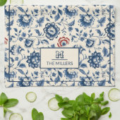 Frans land met blauwe bloemen monogram Theedoek (Gevouwen)