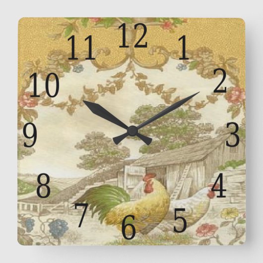 Frans Land Rooster Hen Chicken Coop Clock Vierkante Klok (Voorkant)
