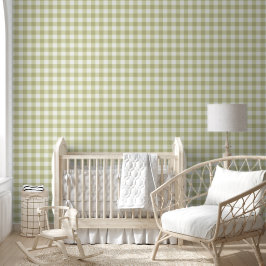 Frans Landelijk Weiland Gingham - saliegroen ruit. Behang