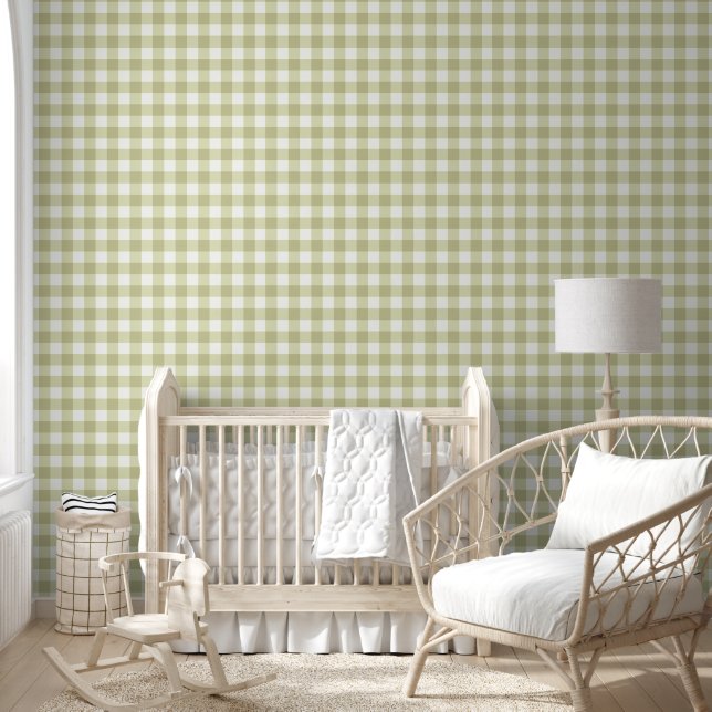 Frans Landelijk Weiland Gingham - saliegroen ruit. Behang (Kinderen)