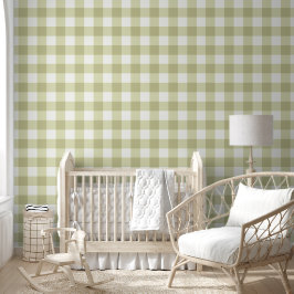 Frans Landelijk Weiland Gingham - saliegroen ruit. Behang