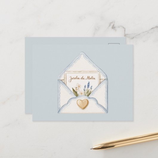 Frans Lichtblauw Crème Envelope Hart Bloem Briefkaart (Voorkant / Achterkant in situ)