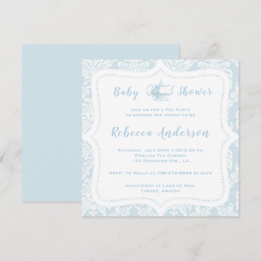  Frans Light Blue Damask Baby shower Tea Kaart (Voorkant / Achterkant)