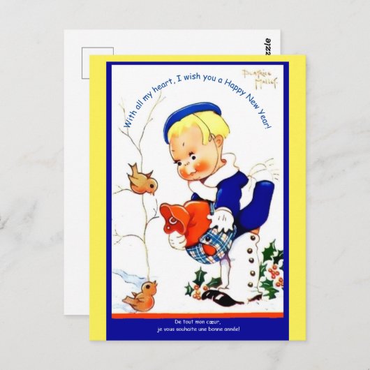 Frans meisje met vogels in sneeuw - heerlijk Briefkaart (Voorkant / Achterkant)