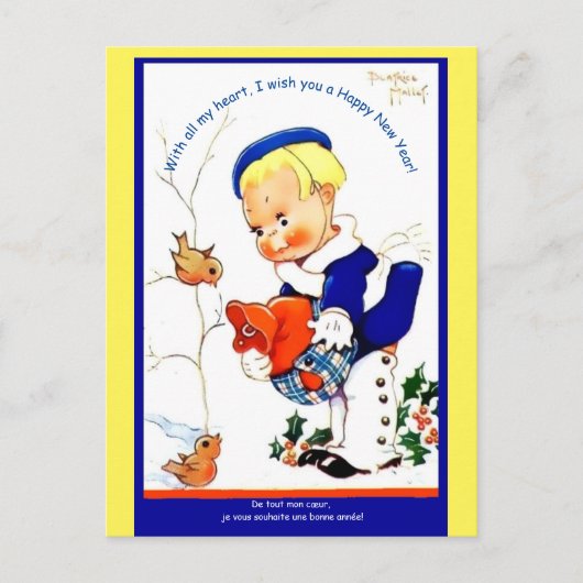Frans meisje met vogels in sneeuw - heerlijk Briefkaart (Voorkant)