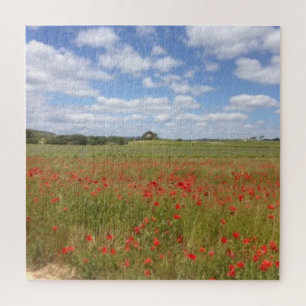 Frans papaverveld met blauwe hemel en wolken legpuzzel