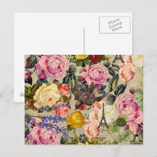  Frans-Parijse eiffeltoren Cute Bird Floral Briefkaart (Voorkant / Achterkant)