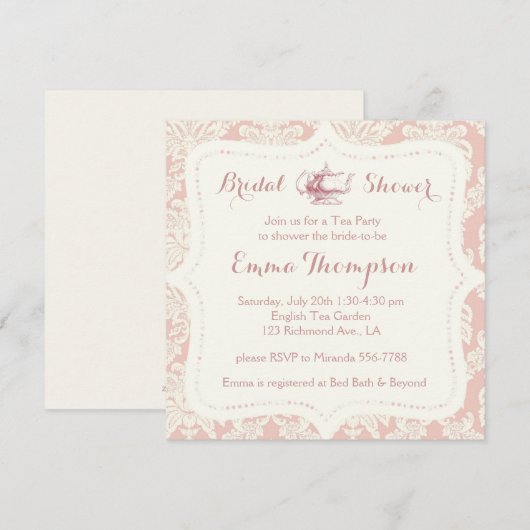  Frans Pink+Cream Damask Bridal Tea Party Kaart (Voorkant / Achterkant)