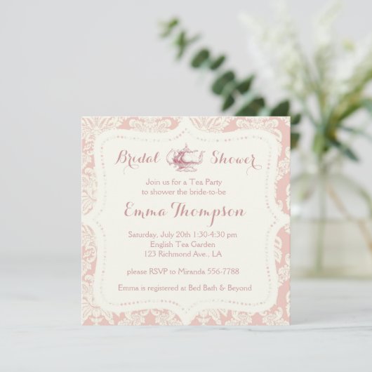  Frans Pink+Cream Damask Bridal Tea Party Kaart (Staand voorkant)