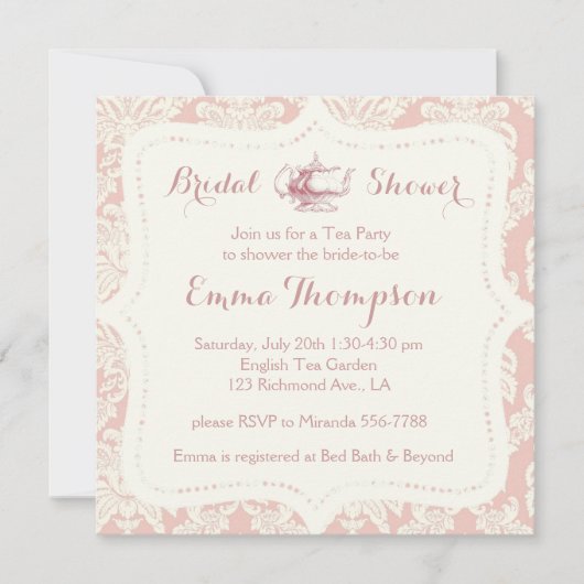  Frans Pink+Cream Damask Bridal Tea Party Kaart (Voorkant)