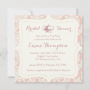  Frans Pink+Cream Damask Bridal Tea Party Kaart