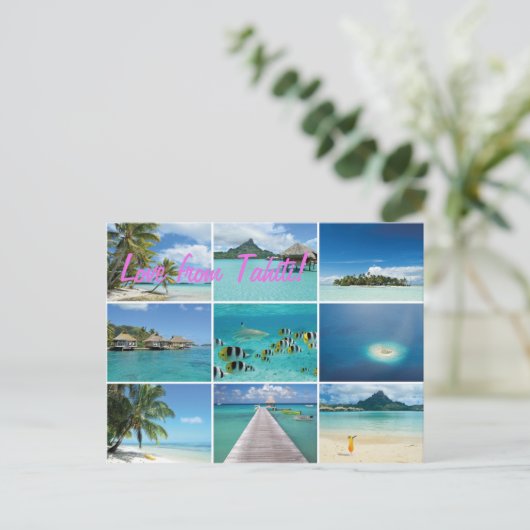 Frans Polynesië collage roze tekst briefkaart (Staand voorkant)