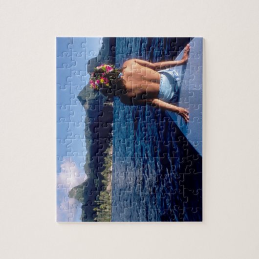 Frans-Polynesië, Moorea. Vrouw die geniet van uitz Legpuzzel (Verticaal)