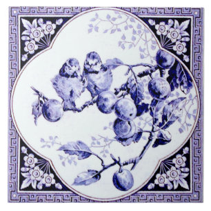 Frans Quatrefoil omgeven Blue Birds Antiek Repro Tegeltje