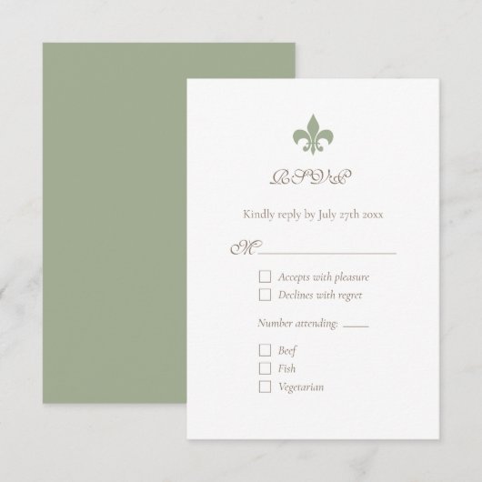 Frans Regency Green Fleur de Lis Chic RSVP Kaartje (Voorkant / Achterkant)