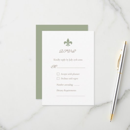 Frans Regency Green Fleur de Lis Design Wedding RSVP Kaartje (Voorkant / Achterkant in situ)