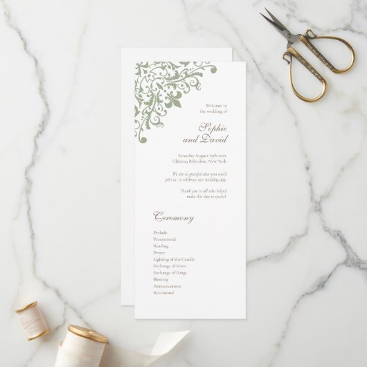 Frans Regency Green Fleur de Lis Pattern Wedding Programmakaart (Voorkant / Achterkant in situ)