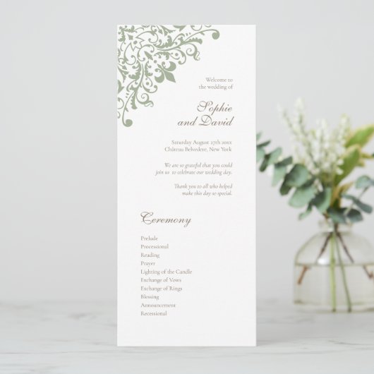 Frans Regency Green Fleur de Lis Pattern Wedding Programmakaart (Staand voorkant)